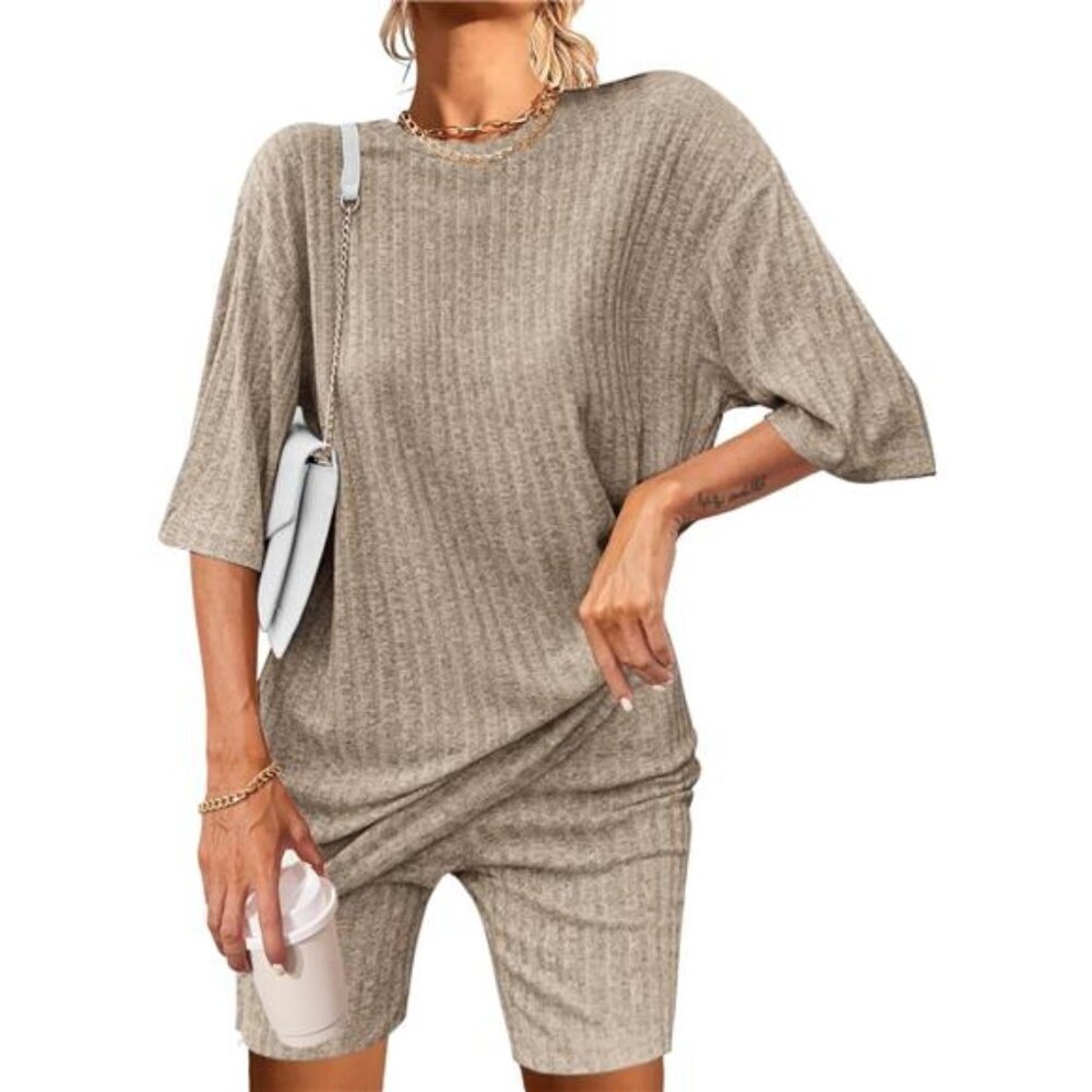 Ribbed Pajama Lounge Set, Short Sleeve T-shirt & Biker Shorts, Sleepwear